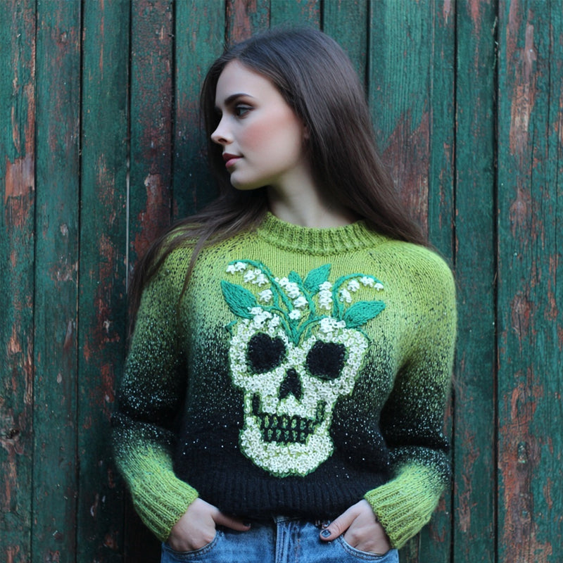 Vintage Lily Of The Valley & Skull Embroidered Cozy Knit Sweater