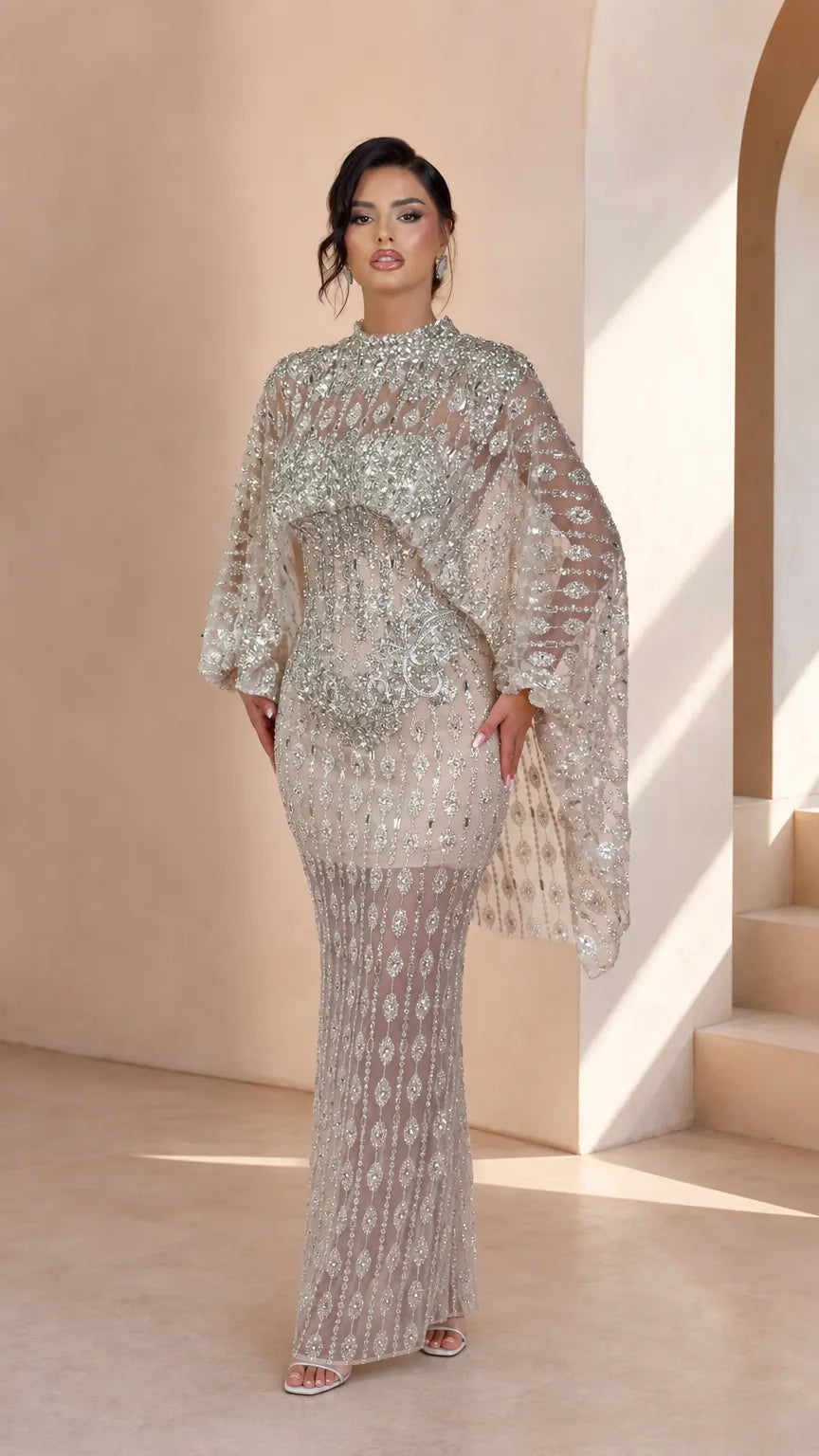 Embellished Cape Sleeve High Neck Formal Evening Maxi Dress