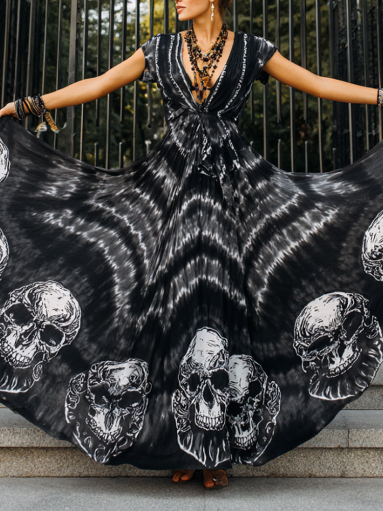 Women's Skull Tie-dye Black Vintage Floral Short-sleeved Long Dress