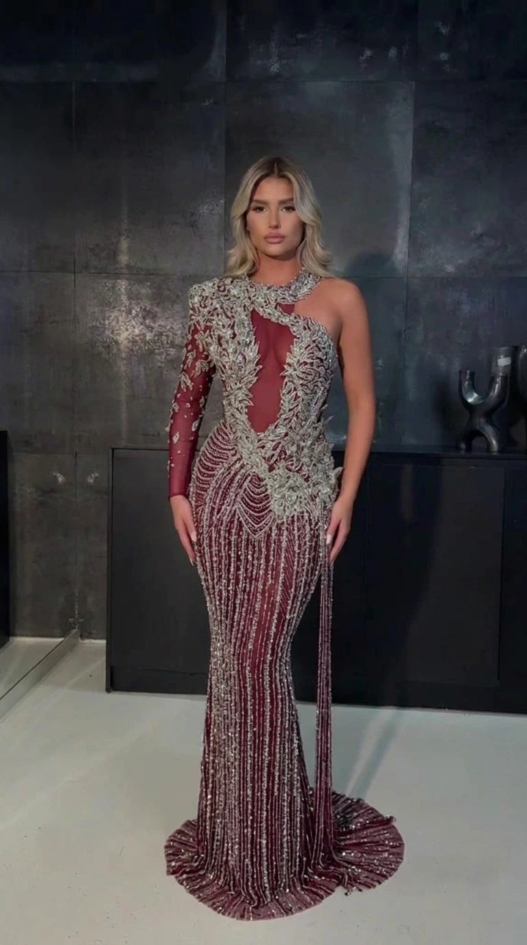 One-Shoulder Cutout Sequin Beaded Evening Gown with Long Sleeve