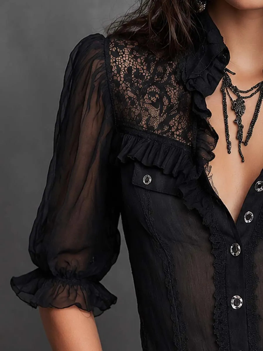 Boho Ruffle Lace Sheer Tencel-linen Blend Puff Sleeve Blouse