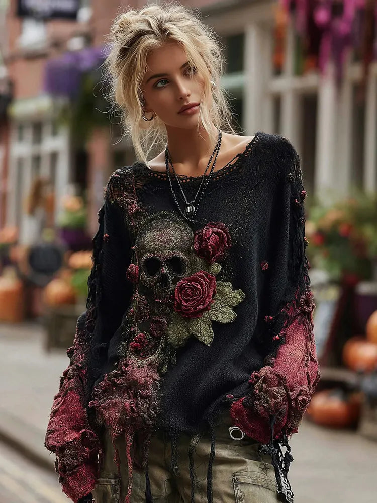 Rose Skull Embroidered Sequined Chunky-knit Sweater