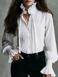 Boho Victorian Ruffle Tie Neck Pleated Lantern Sleeve Blouse