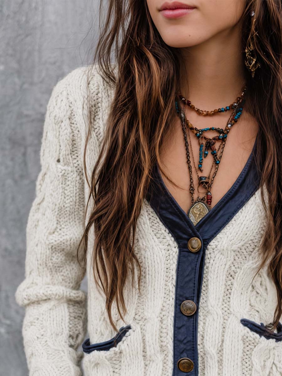 Vintage Faux Leather Contrast Trim Cable-knit Cardigan