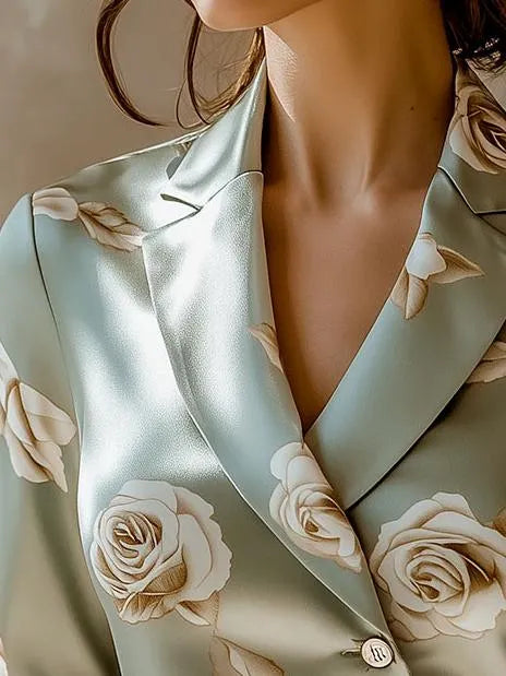 Elegant Lapel Rose Pattern Side Button Down Satin Shirt