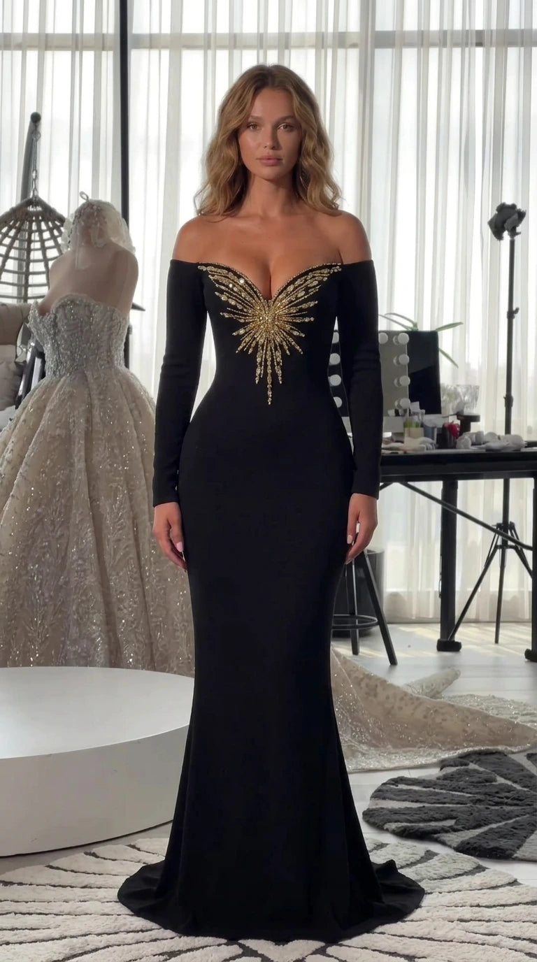 Off-Shoulder Beaded Starburst Evening Gown with Long Sleeves
