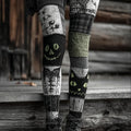 Halloween Black Cat Colorblock Patchwork Cozy Knit Leggings