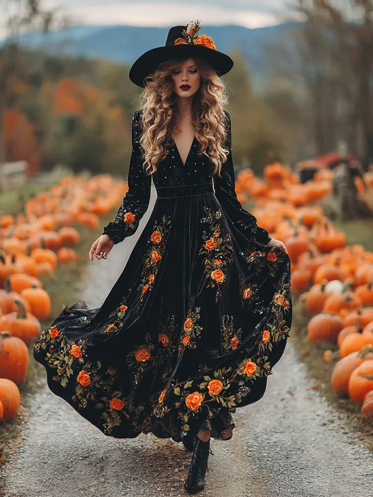 Women's  Vintage Halloween Autumn Floral Art Comfy Velvet Maxi Dress