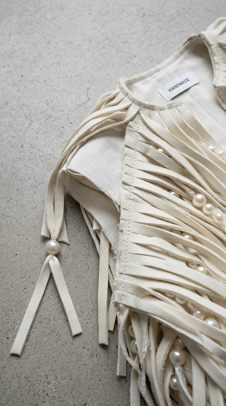 Faux Pearl Embellished Shaggy Fringe Jacket with Open Front