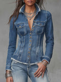 Classic Retro Fitted Frayed-Edge Denim Shirt Jacket with Button Front