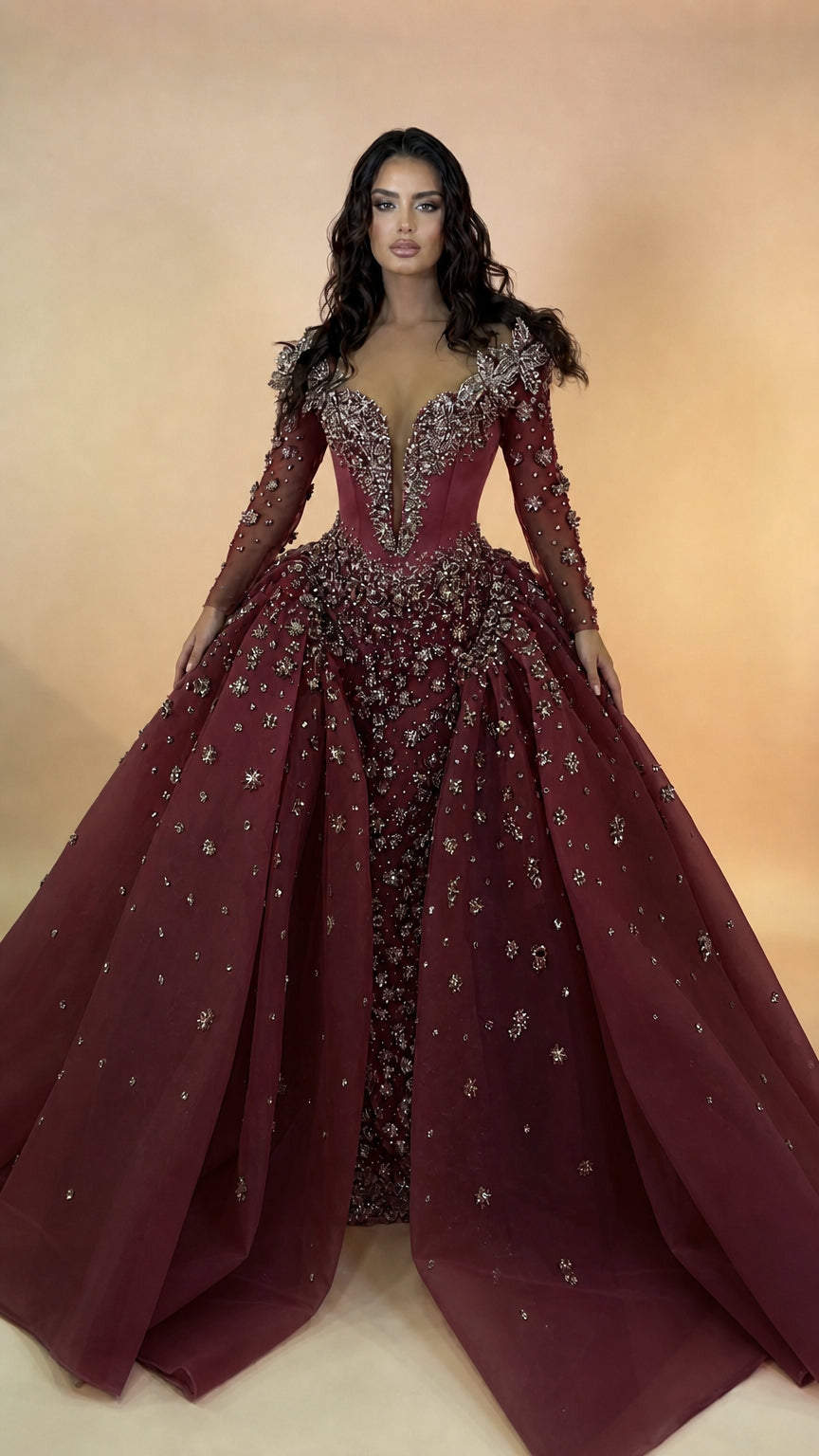 Crystal Embellished Illusion Neckline Long Sleeve Ball Gown with Overskirt