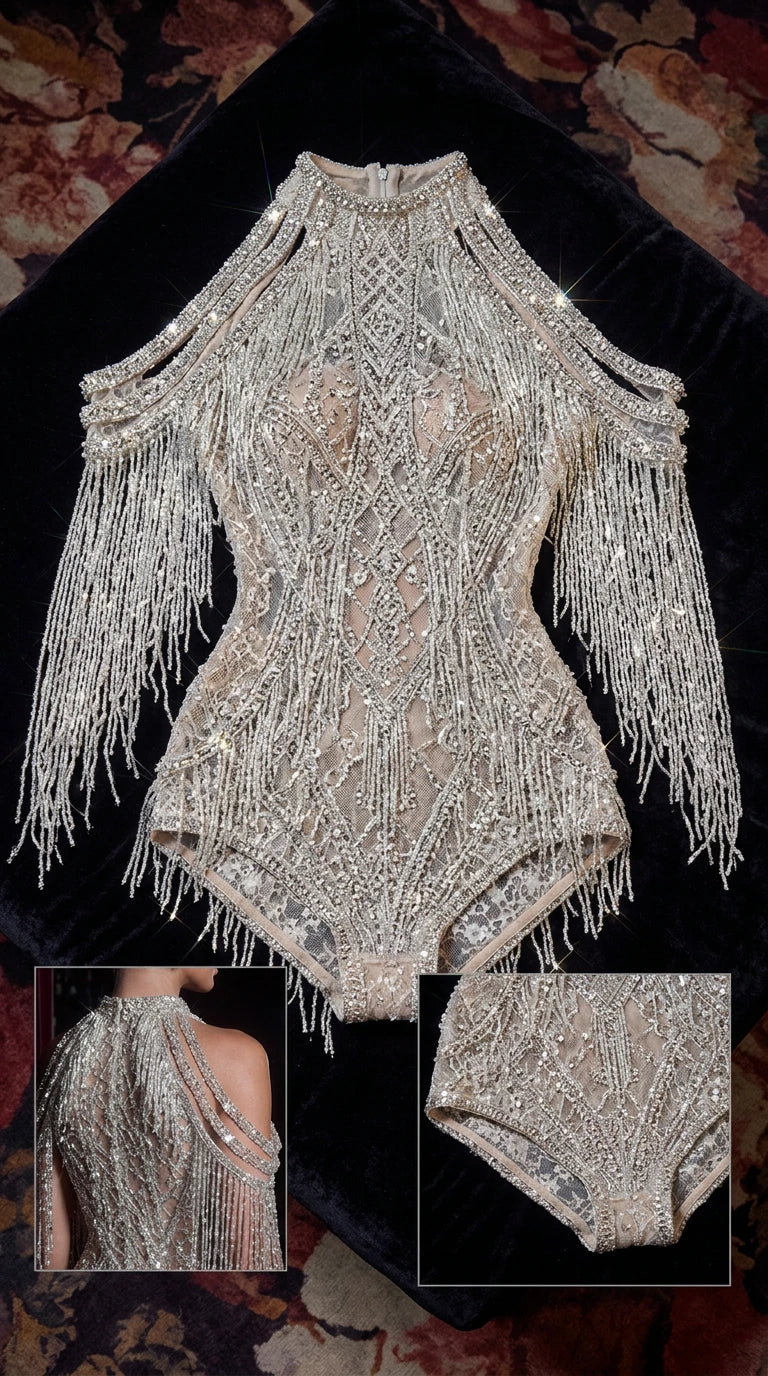Sparkling Beaded Fringe Mock Neck Bodysuit with Cold Shoulder