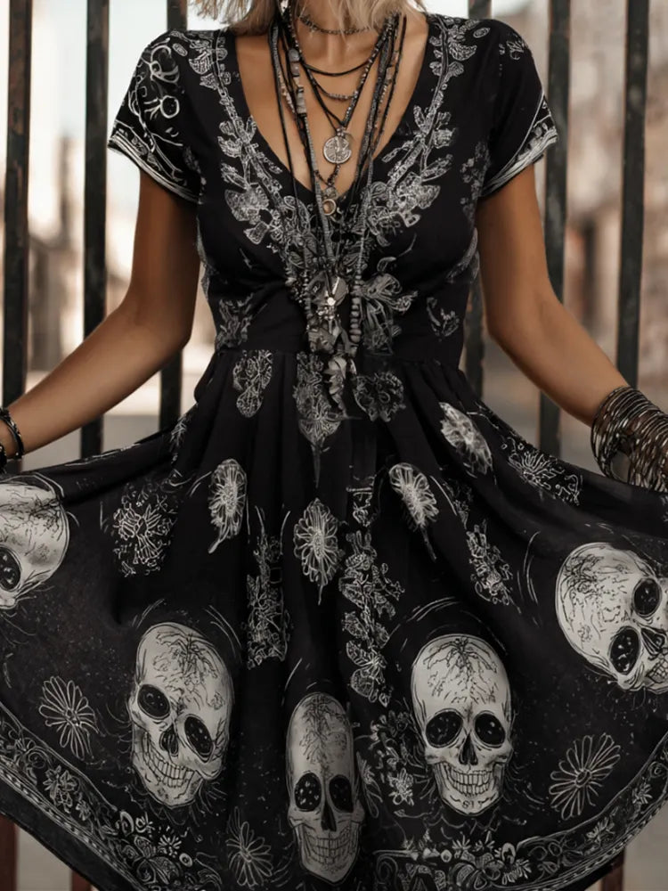 Skull Flower Print Embroidered V-neck Retro Black Short Sleeved A-line Short Skirt