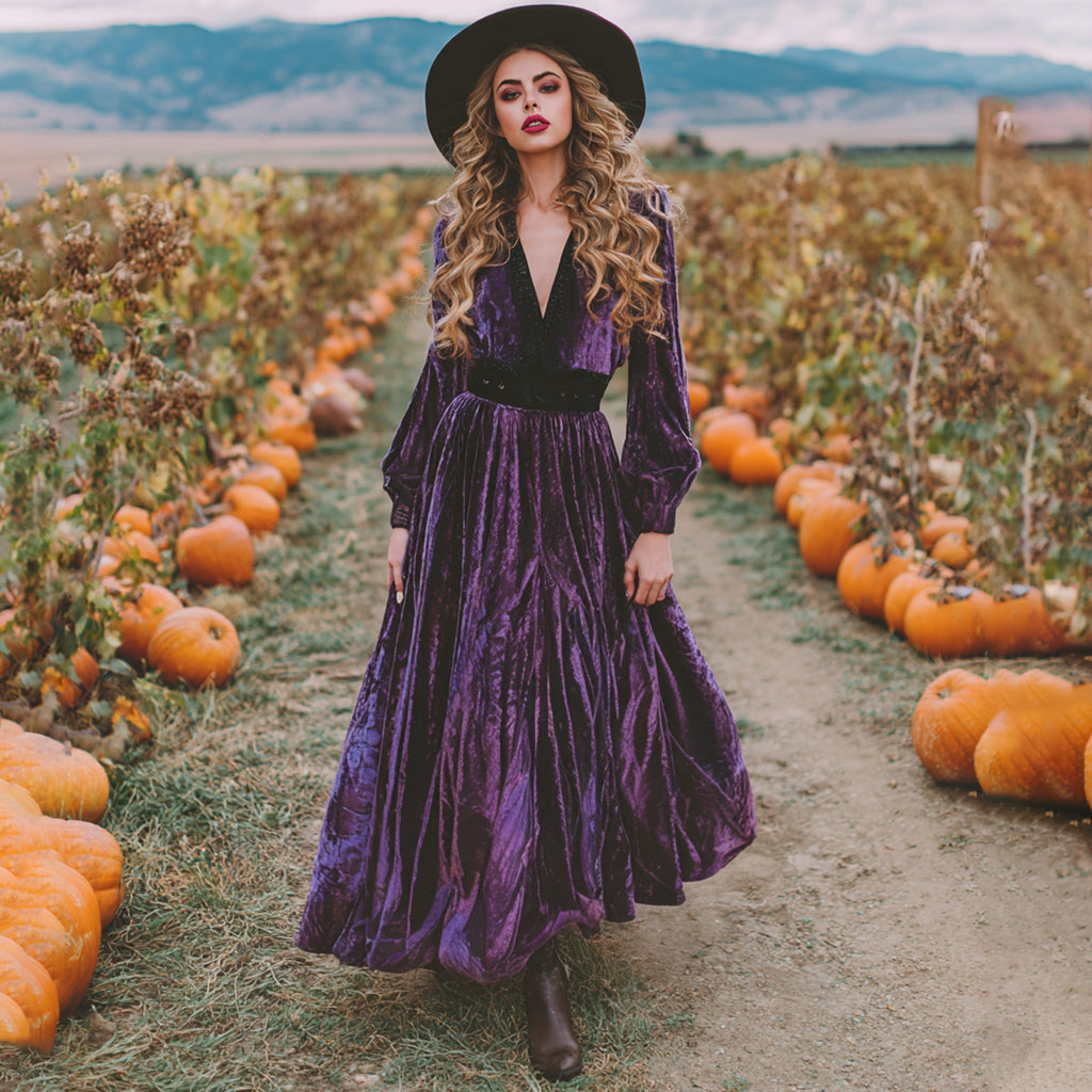 Women's  Vintage Halloween Purple Art Comfy Velvet Maxi Dress