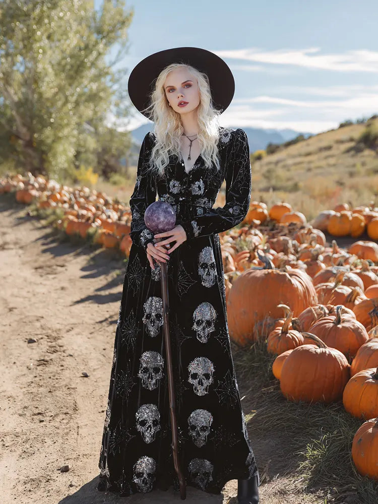 Women's  Classic Halloween Skull And Spider Web Art Comfy Velvet Maxi Dress