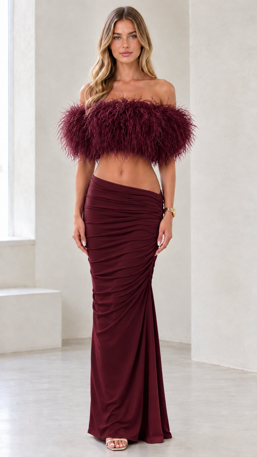 Feather Crop Top and Ruched Maxi Skirt Two-Piece Evening Set