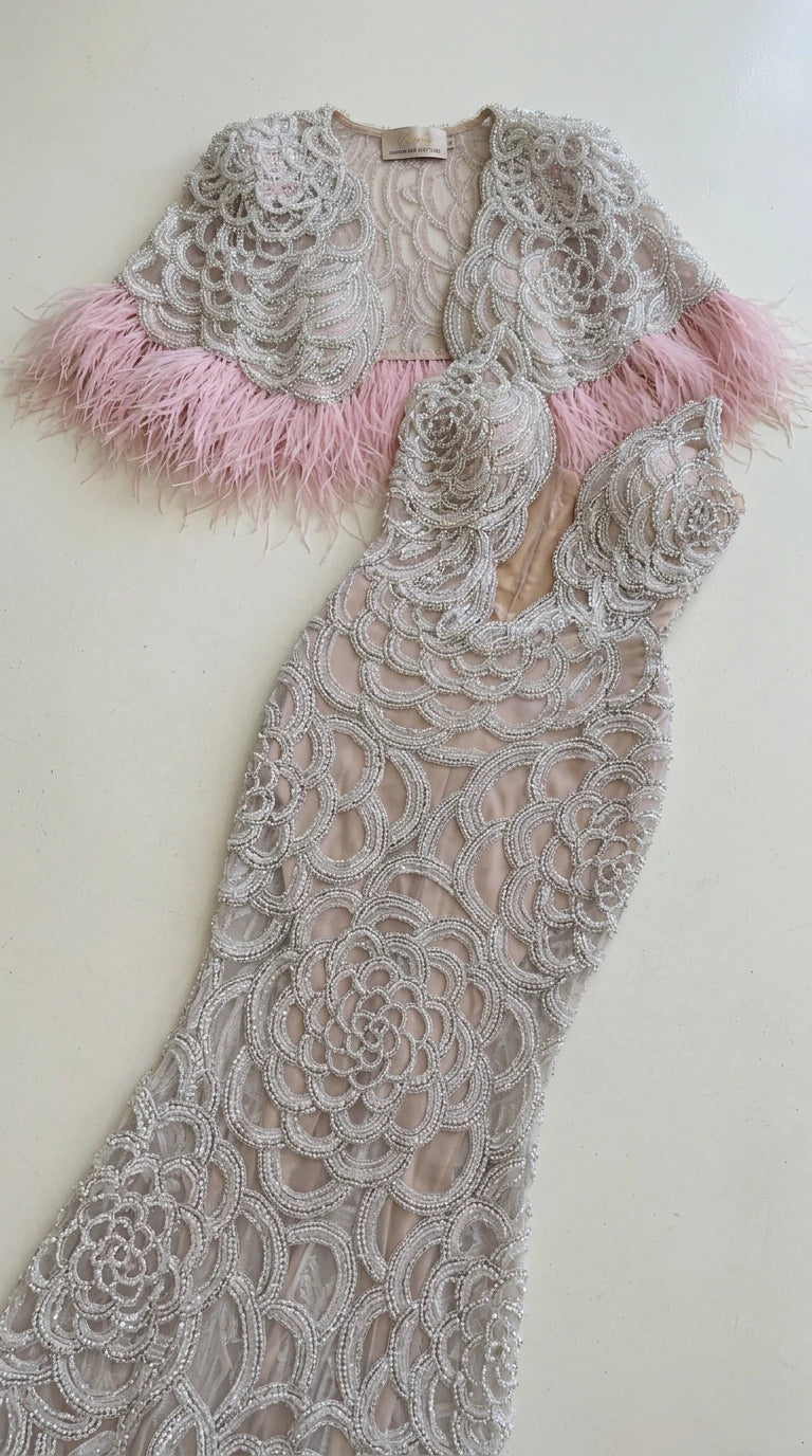 Embroidered Floral Beaded Evening Gown with Feather-Trim Capelet Set
