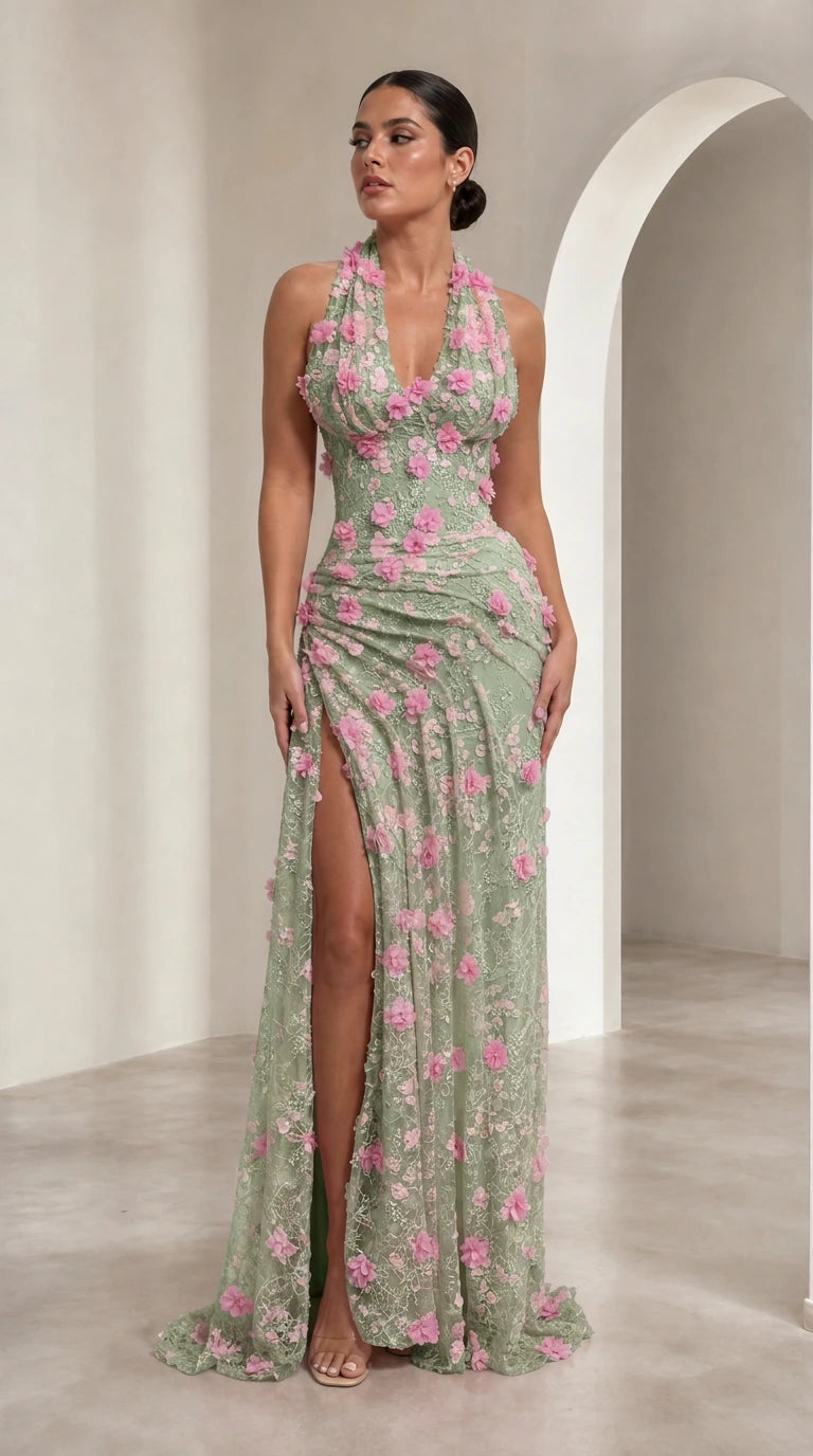 3D Floral Appliqué Halter Neck Maxi Evening Dress with High Slit