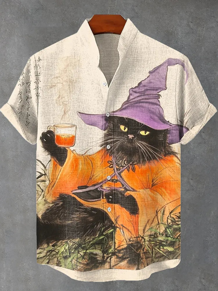 Men's Funny Black Cat Wizard Halloween Print Casual Shirt