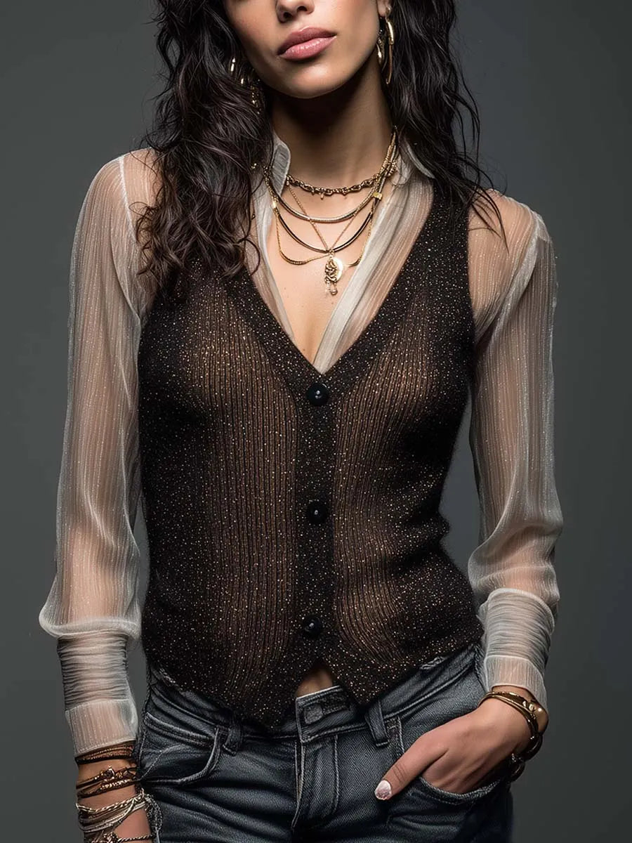 Vintage Boho Glitter Knit V‐Neck Button Vest