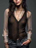 Vintage Boho Glitter Knit V‐Neck Button Vest