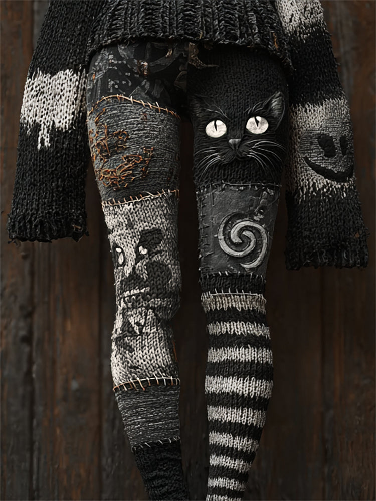 Halloween Black Cat Witch Patchwork Cozy Knit Leggings