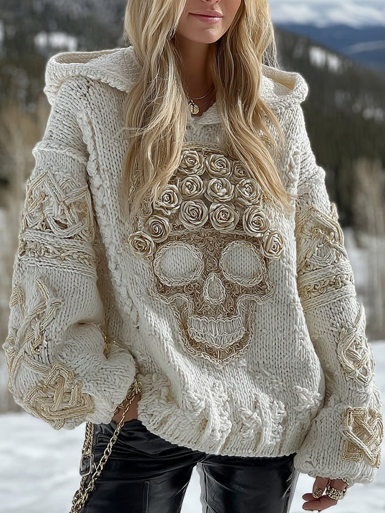 Women's White Rose Skull Comfortable Loose Solid Color Hooded Sweater