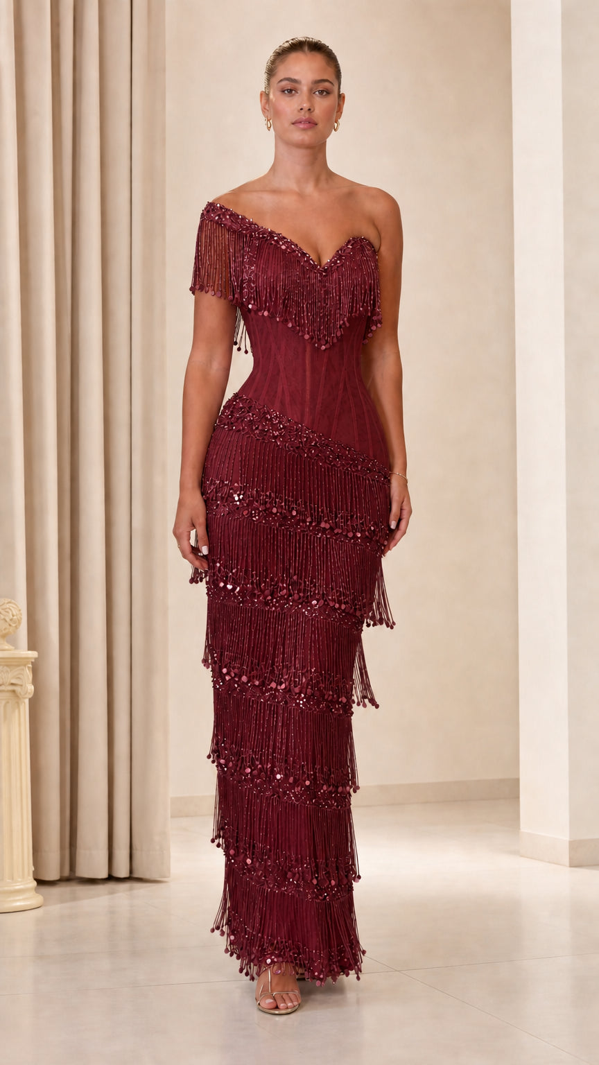 One-Shoulder Beaded Fringe Corset Evening Gown