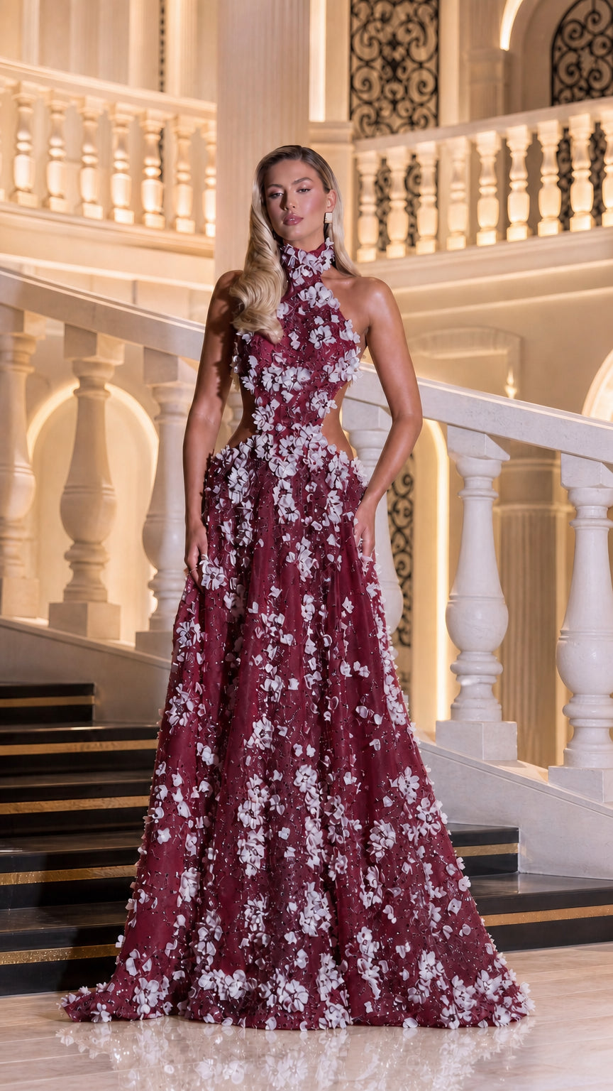 3D Floral Applique Halter Cutout Evening Gown