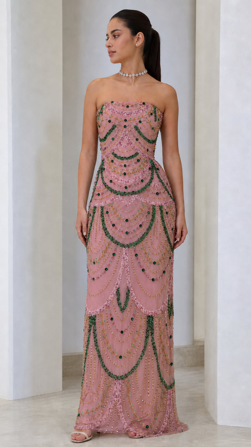 Strapless Scallop Beaded Evening Maxi Dress