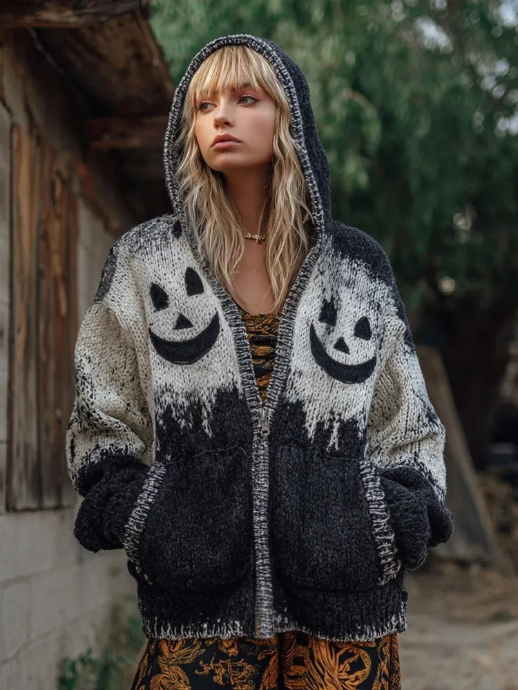Vintage Halloween Spooky Face Contrast Color Knitted Hooded Cardigan