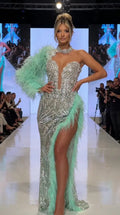 One-Shoulder Feather Trim Sequin Evening Gown with Slit