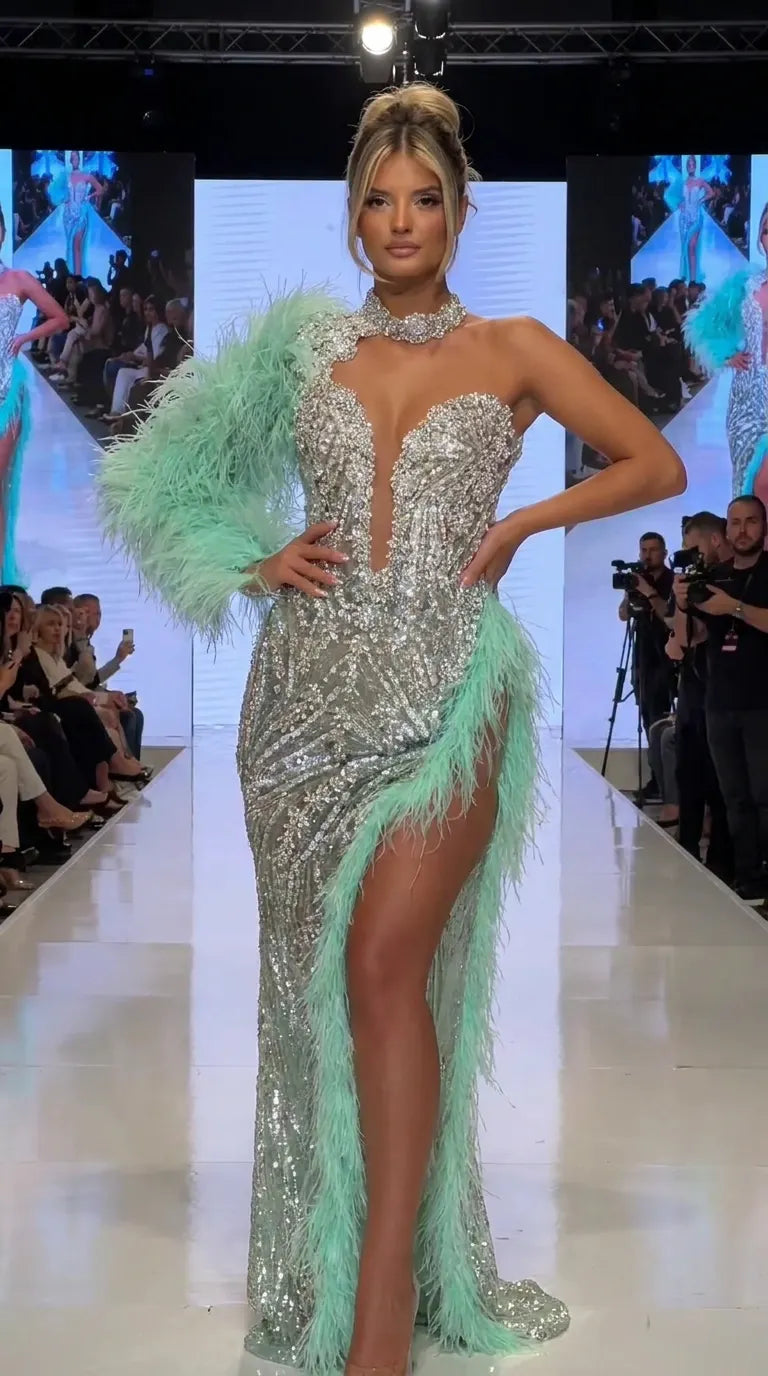 One-Shoulder Feather Trim Sequin Evening Gown with Slit