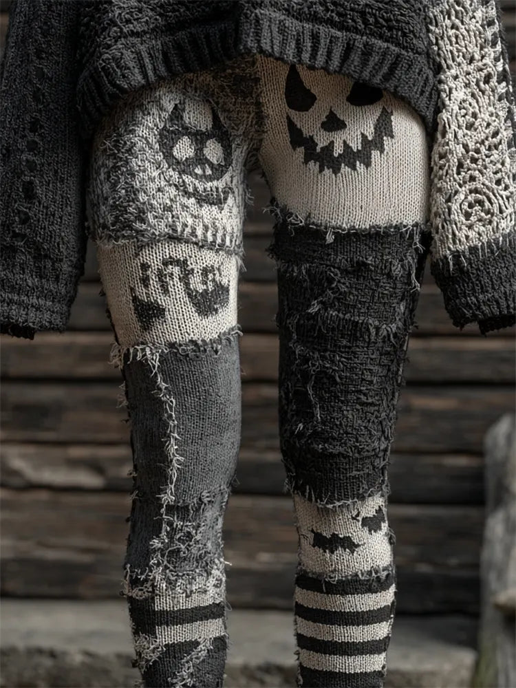 Halloween Pumpkin Face Frayed Patchwork Cozy Knit Leggings