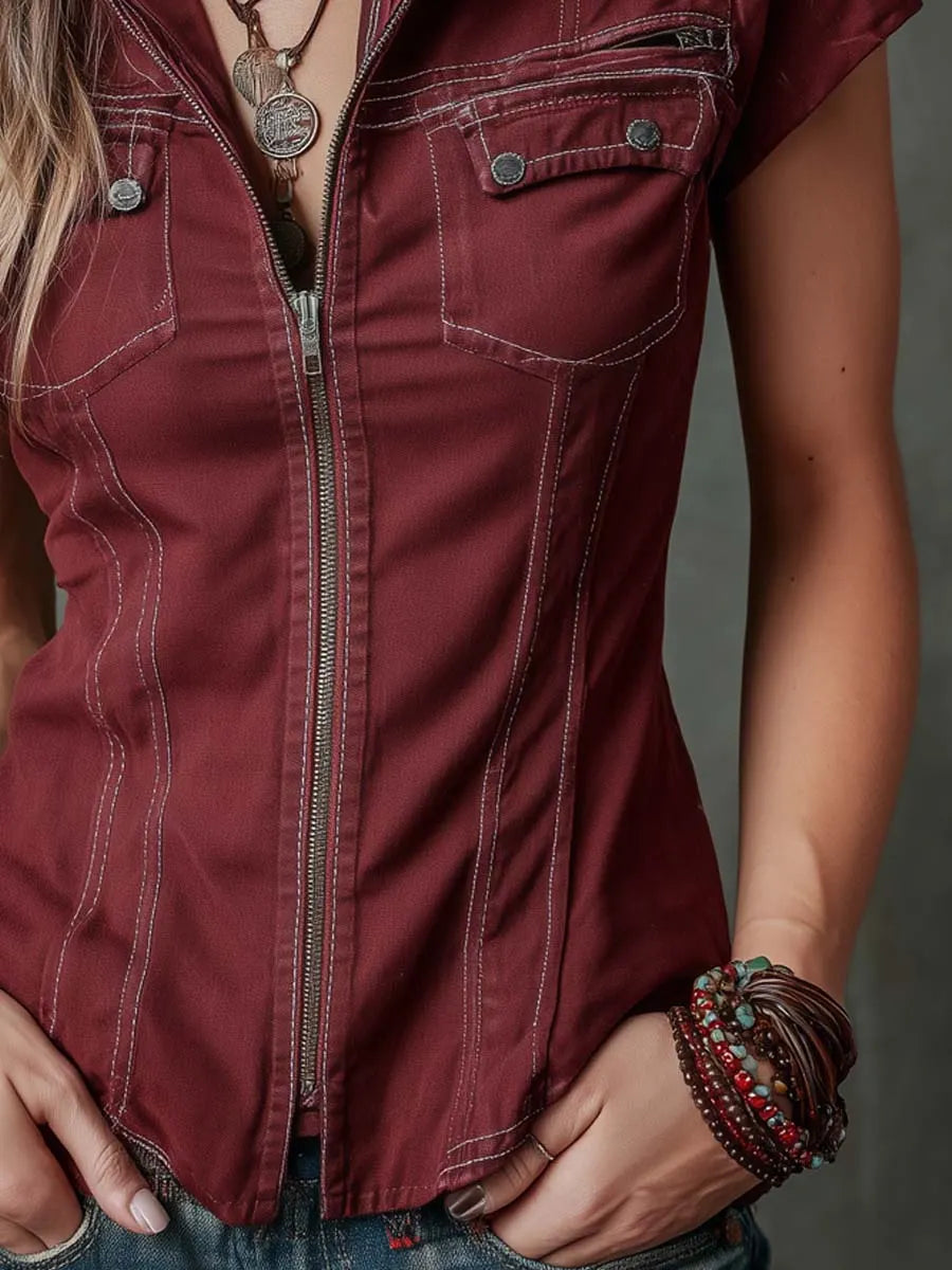 Vintage Short-sleeved Zippered Placket Denim Blouse