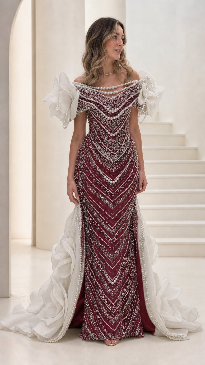 Off-the-Shoulder Pearl Beaded Mermaid Evening Gown with 3D Floral Train