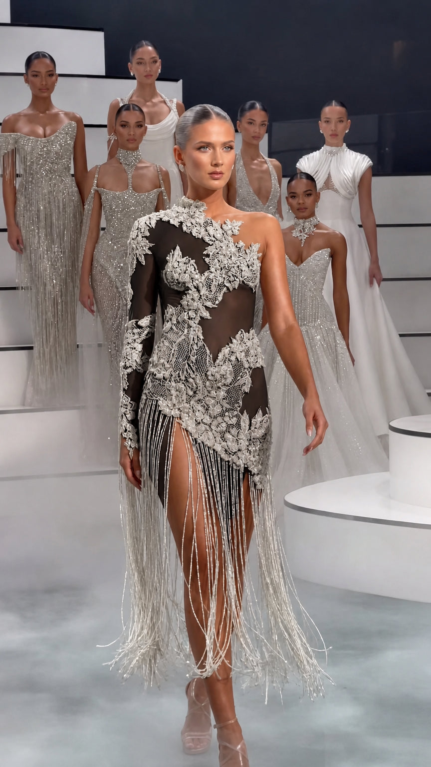 Asymmetric Embroidered Lace Cutout Fringe Evening Maxi Dress