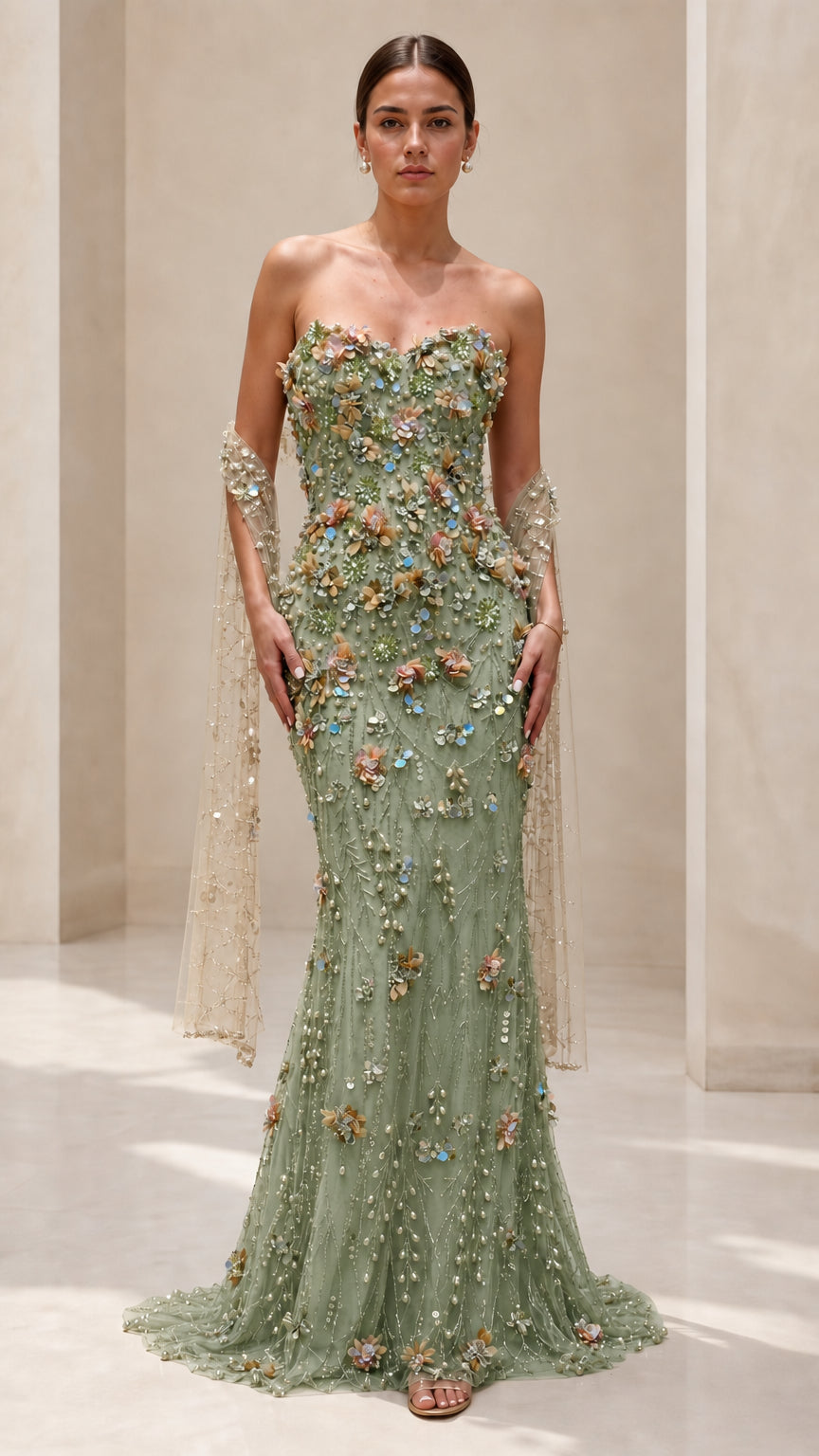 Strapless 3D Floral Embellished Mermaid Evening Gown with Draped Cape Sleeves