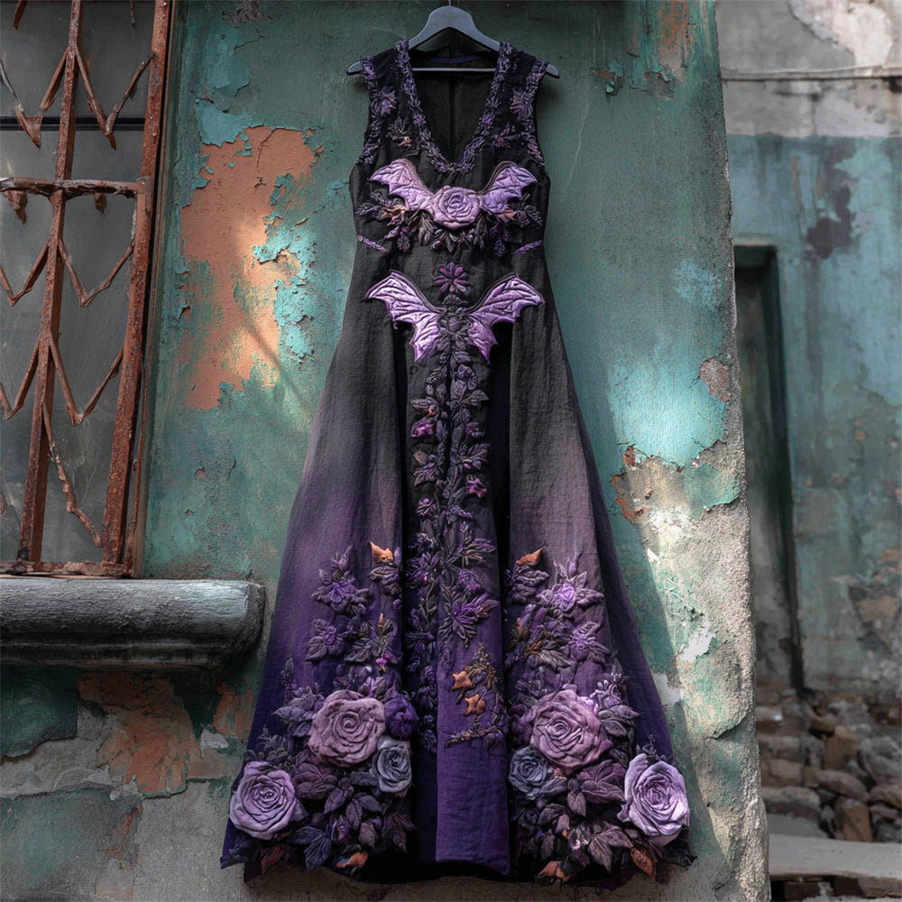 Halloween Bat & Dark Rose Women's Vest Midi Dress