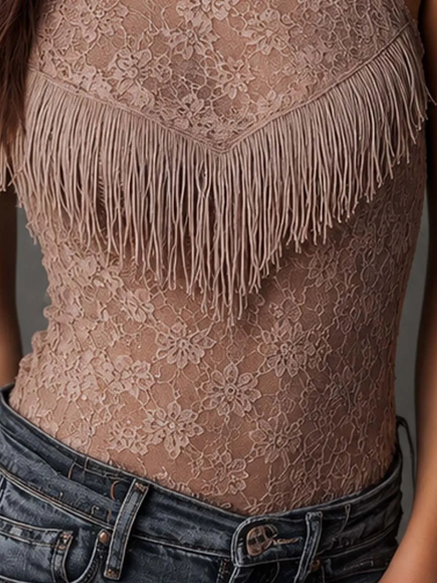 Western Fringe Floral Lace Halter Sleeveless Tank Top