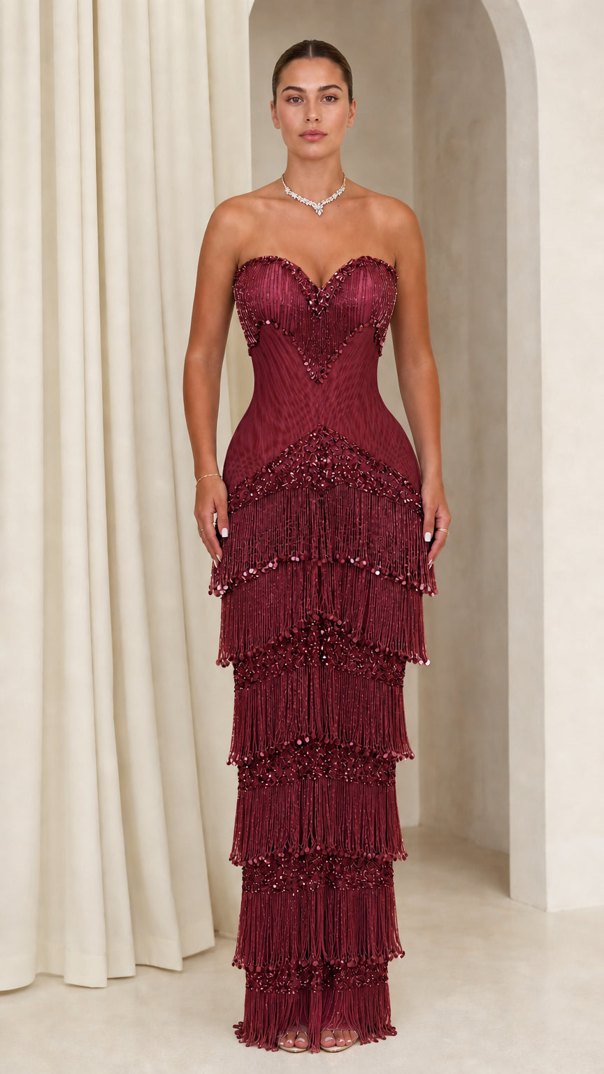 Strapless Tiered Fringe Evening Gown with Beaded Sweetheart Bodice