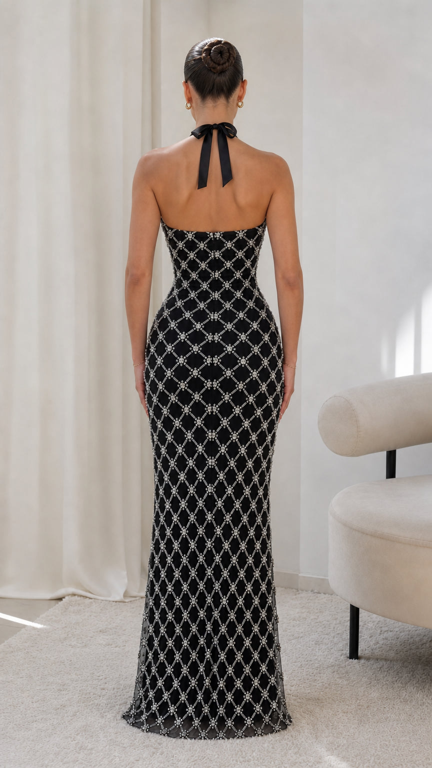 Embellished Lattice Halterneck Maxi Dress with Satin Bow Accent