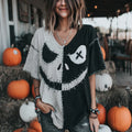 Halloween Spooky Face Pattern Casual Linen V-neck T-shirt