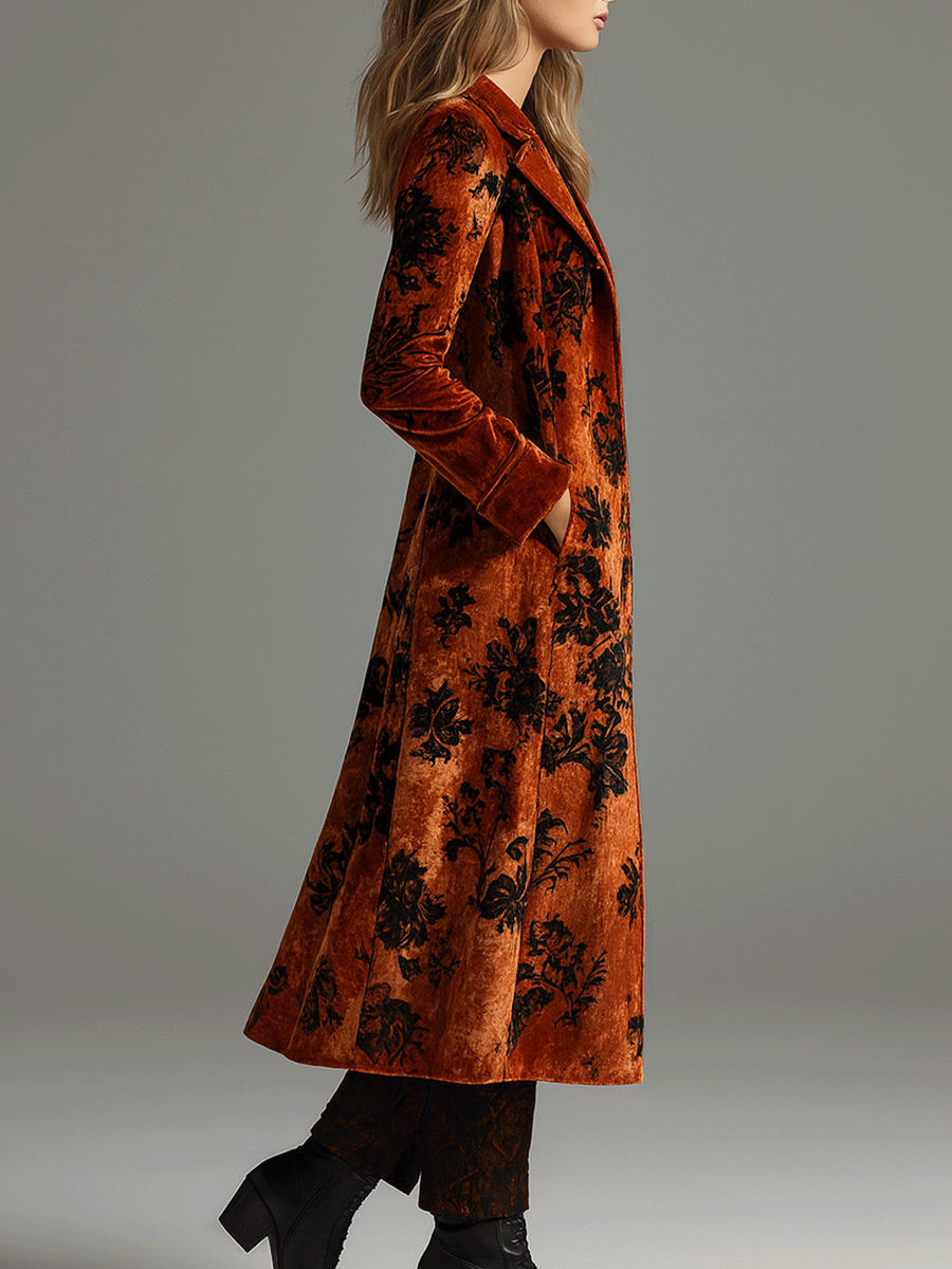Vintage Burnt Orange Velvet Floral Maxi Coat
