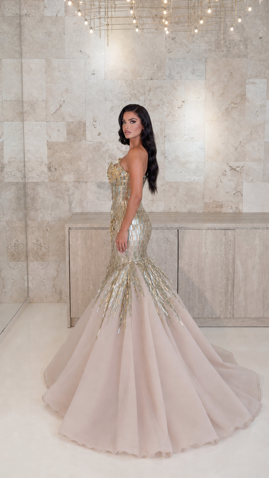 Strapless Beaded Mermaid Evening Gown with 3D Floral Accents and Dramatic Overskirt