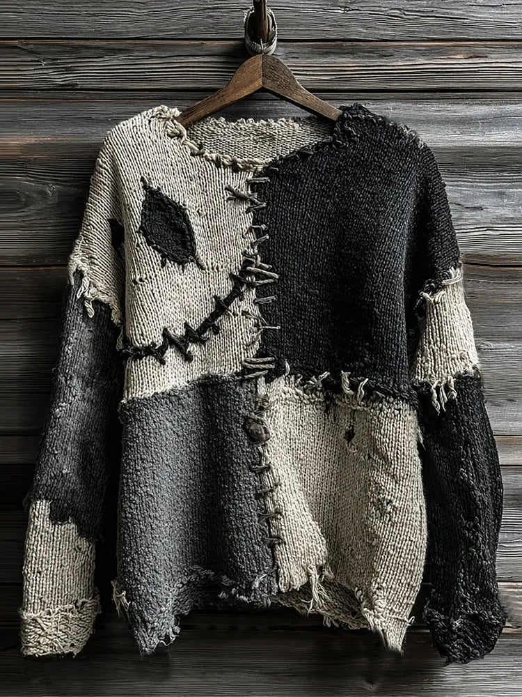 Vintage Halloween Spooky Face Sewn Knitted Crew Neck Cozy Sweater