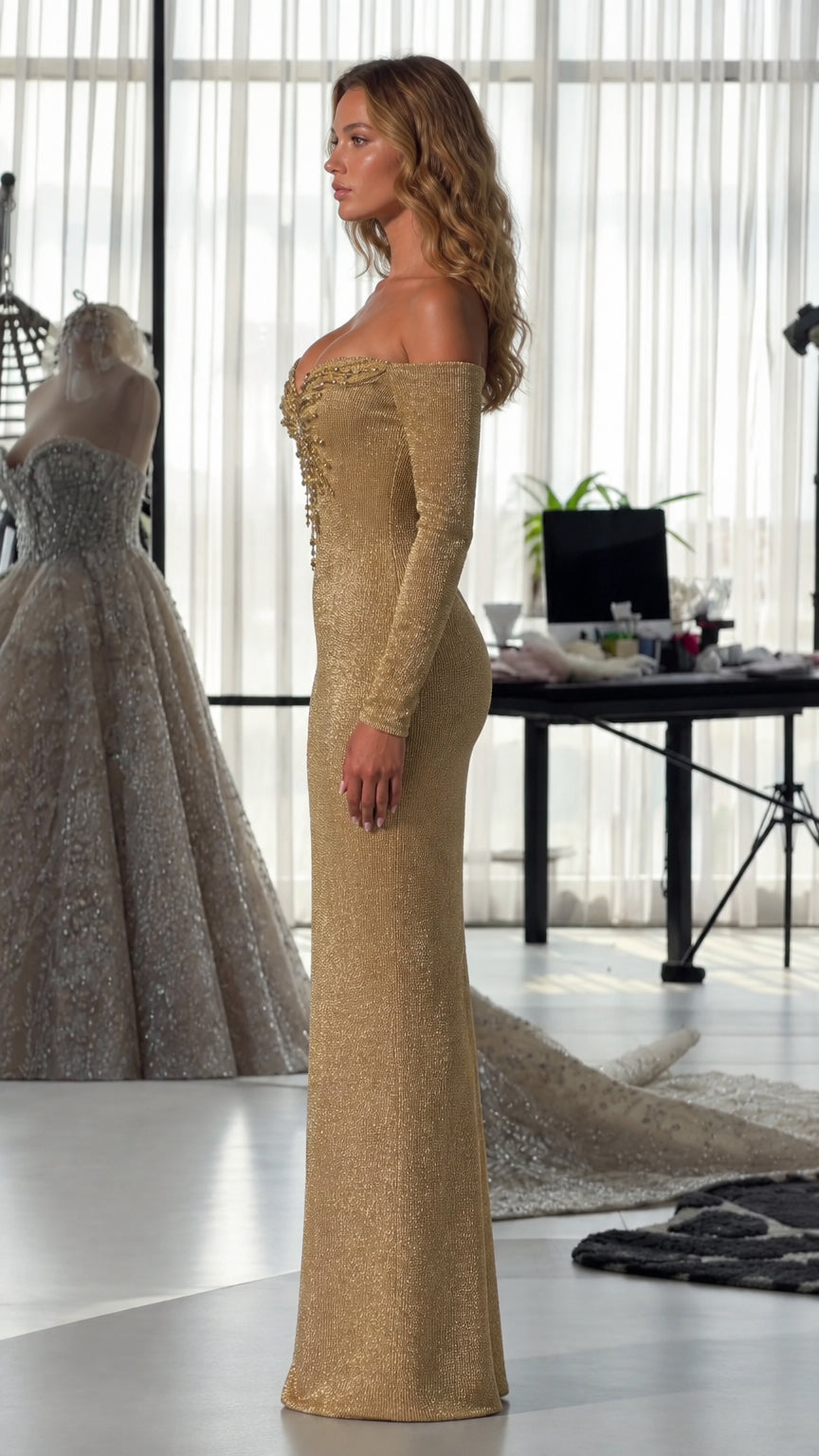 Off-Shoulder Beaded Starburst Evening Gown with Long Sleeves
