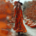 Women's Classic Floral Pumpkin Halloween Art Comfy Velvet Maxi Dress