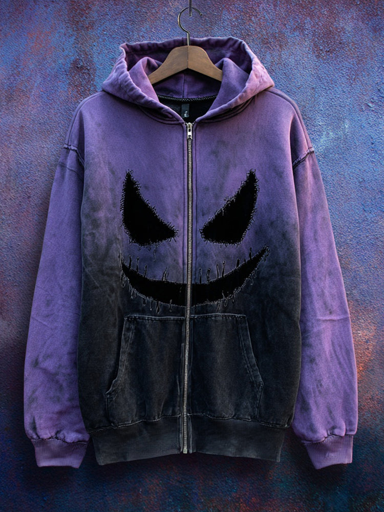 Vintage Halloween Spooky Face Gradient Zip Up Washed Hoodie