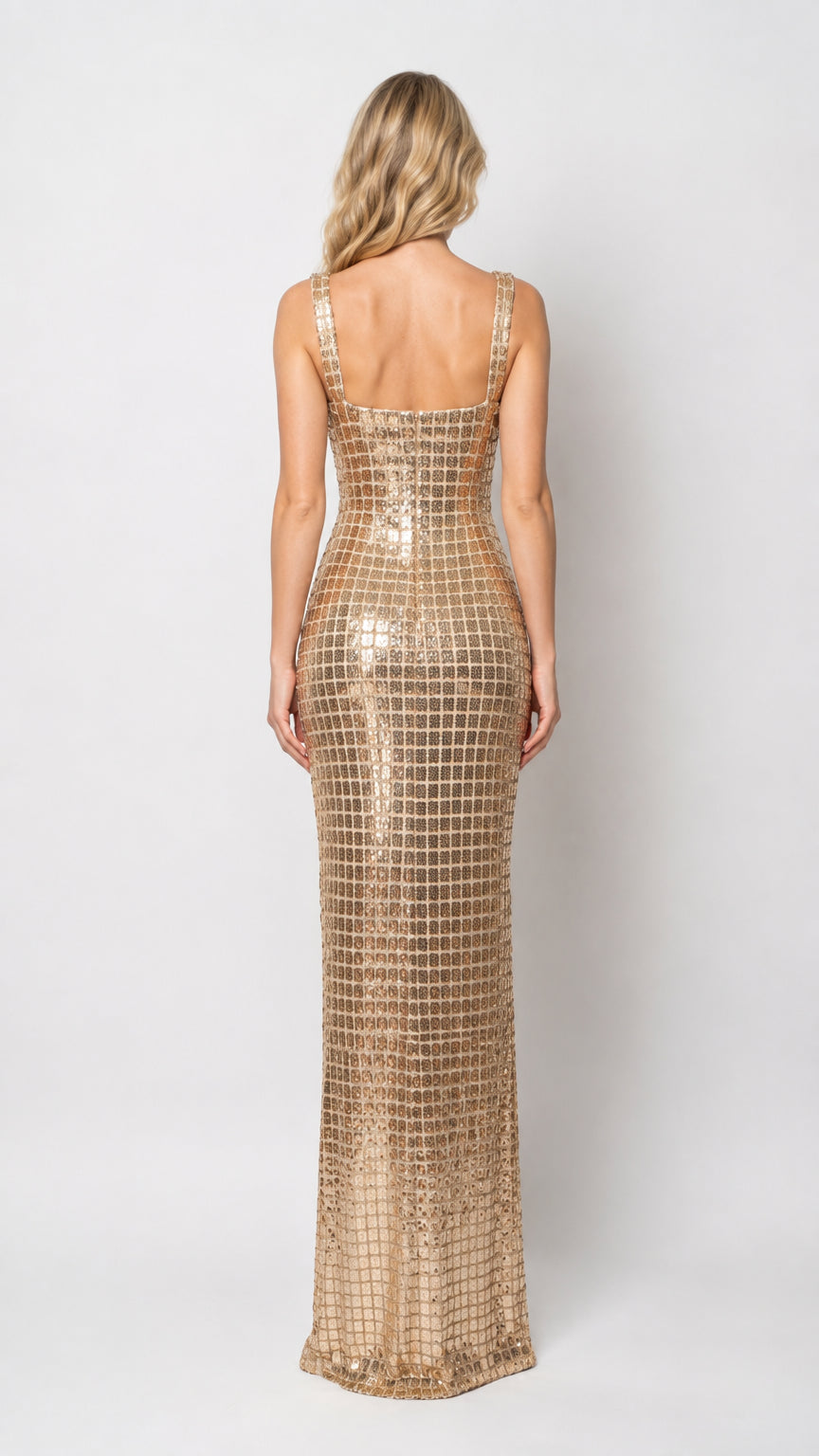 Square Neck Sequin Grid Maxi Column Evening Dress